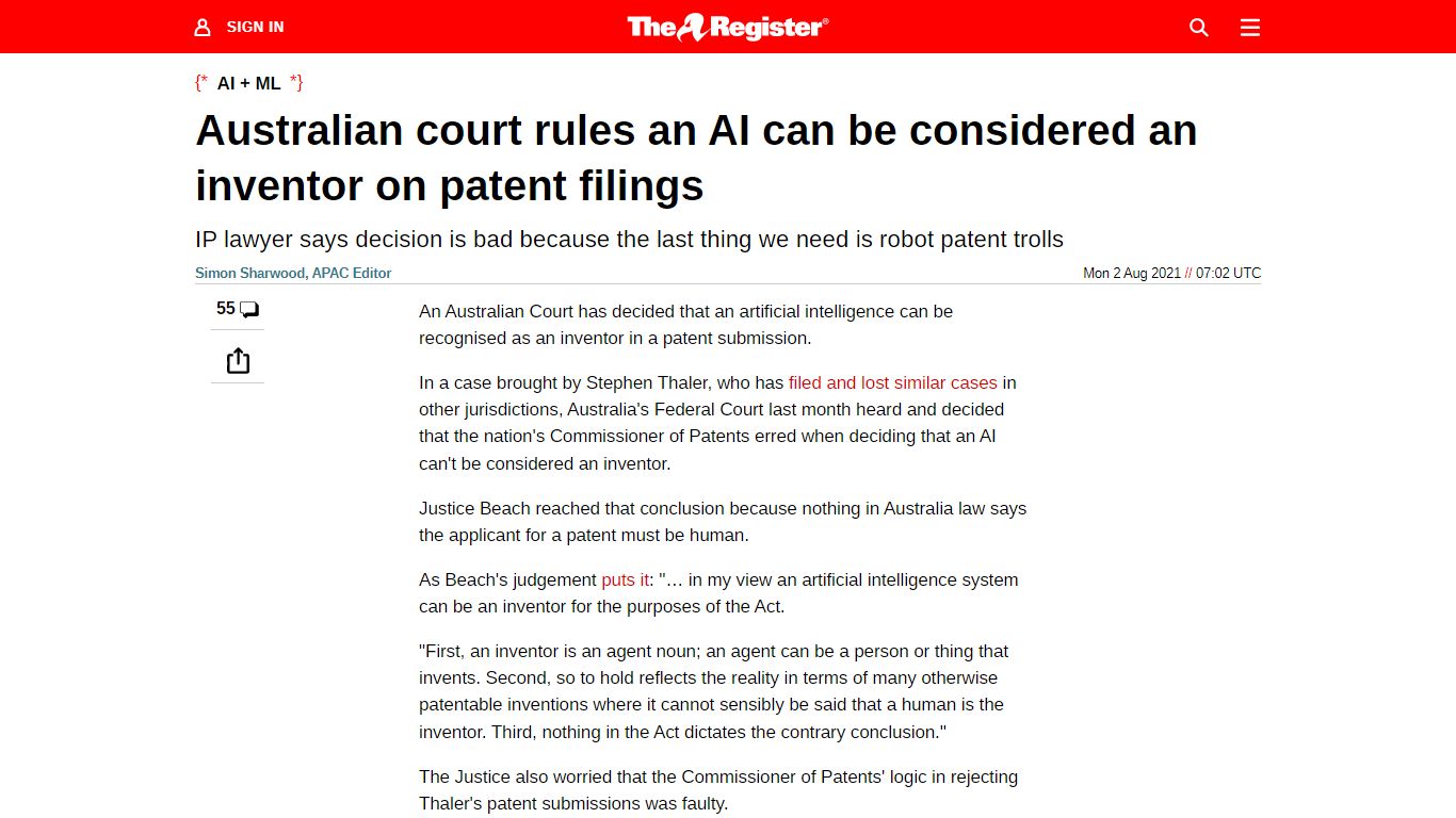 Australian court rules an AI can be considered an inventor on patent ...